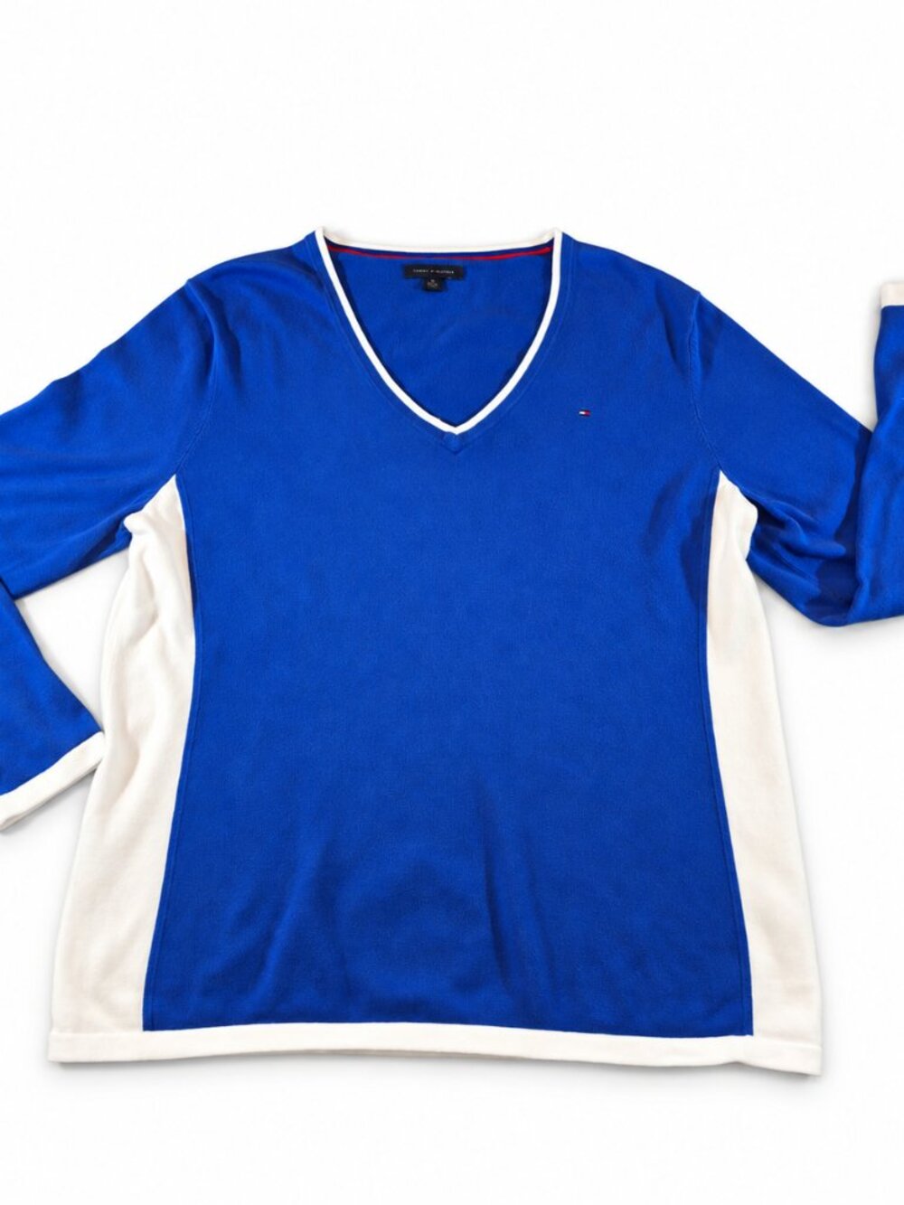 Tommy Hilfiger V Neck Sweater Women XL Blue White Trim